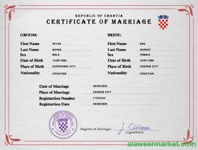 Croatia marriage certificate PSD template